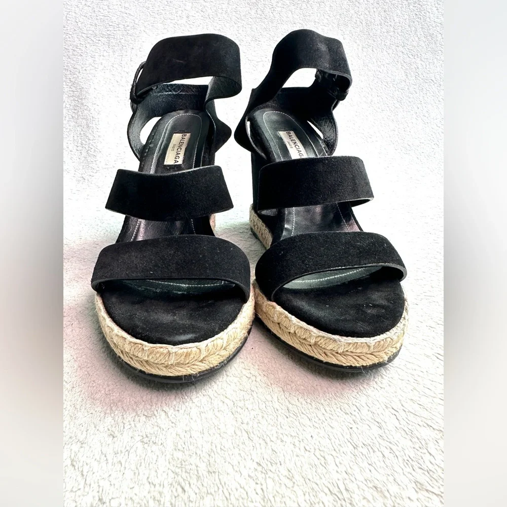 EUC Balenciaga Suede Platform Sandals Black sz 7 EU‎ 37 rope track leather wedge